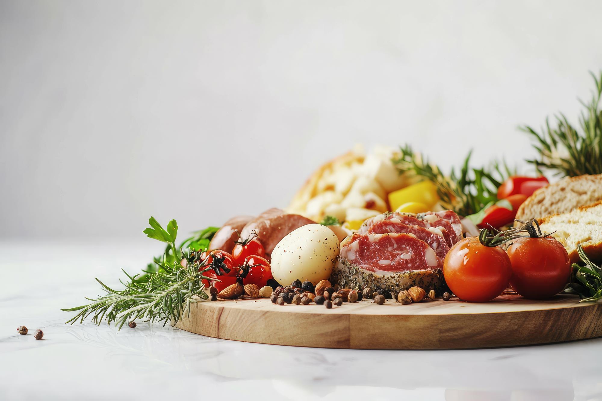 Platou gourmet cu ingrediente proaspete pe masa de lemn